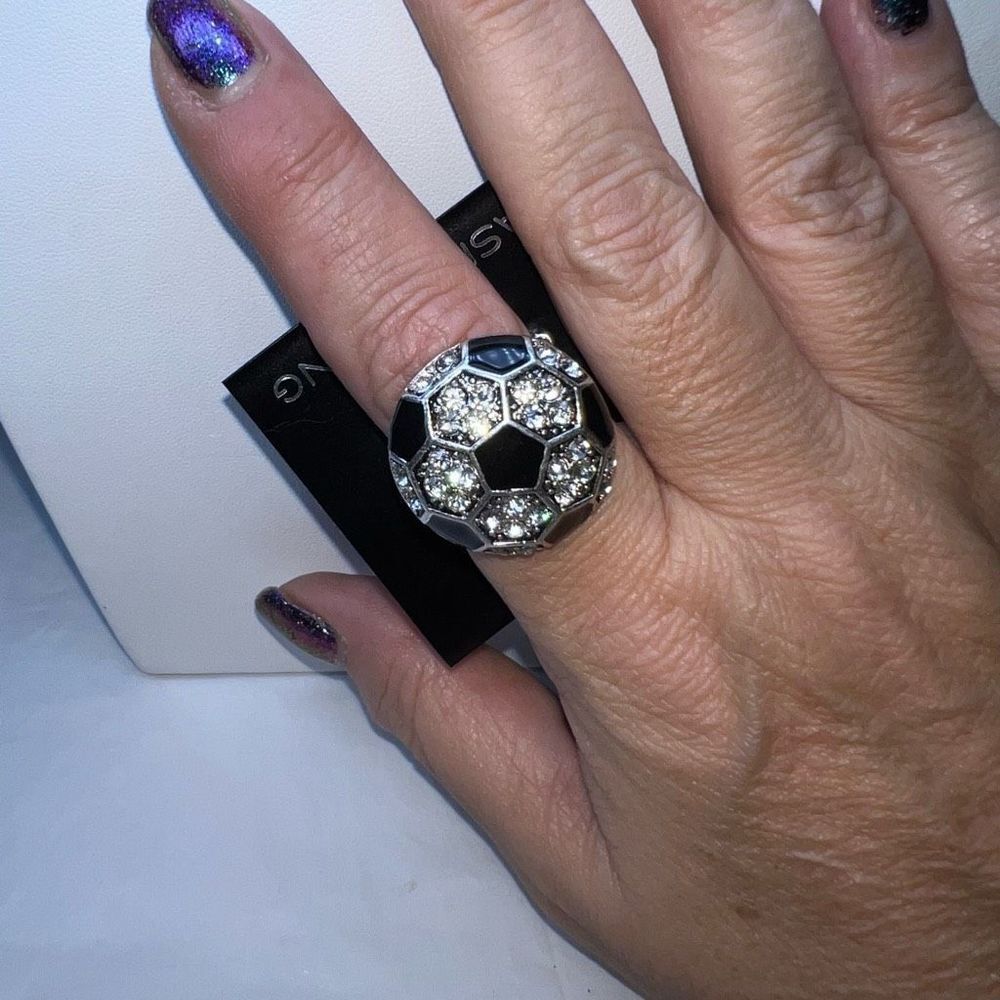 Ladies Black With Clear Rhinestone Soccer Stretch Ring - Picture 5 of 6